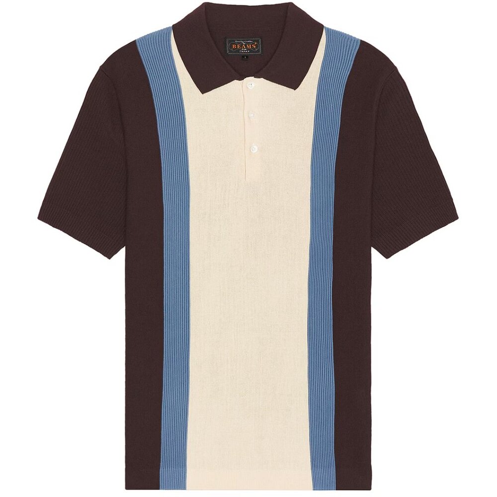 Beams Plus Knit Stripe Polo, Size L, Color Brown Stripe